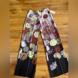 Zara Pink Floral Satin Pants with Yellow and Burgundy Accents